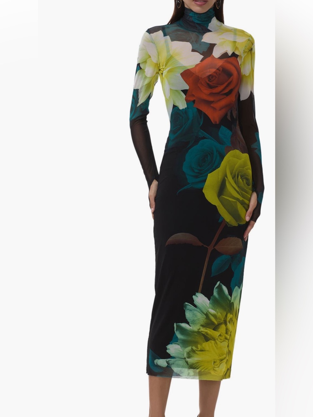 AFRM Black Long-Sleeve Maxi Dress with Red, Teal and Lime Rose Print